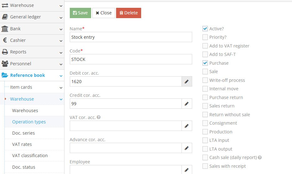Creating stock entry operation in warehouse module